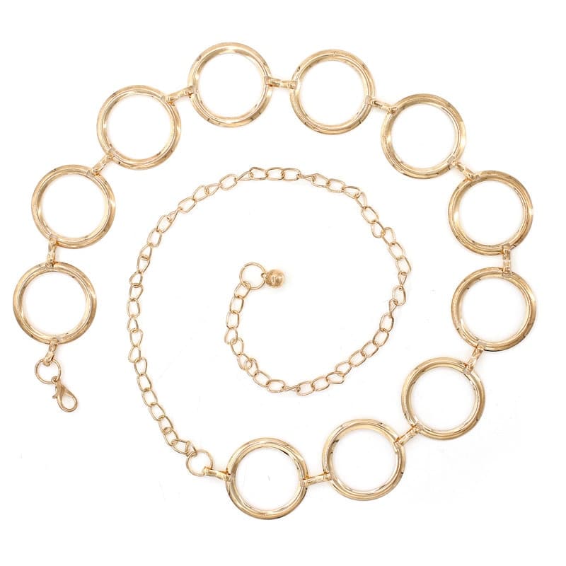 Ceinture fine doré pour femmes 21 Ceinture de chaîne en métal à motif anneau doré pour femmes Or 115 cm